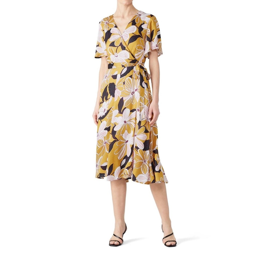 Slate and Willow Mustard Mod Daisy Wrap Midi Dress Spring Flowers Size Small